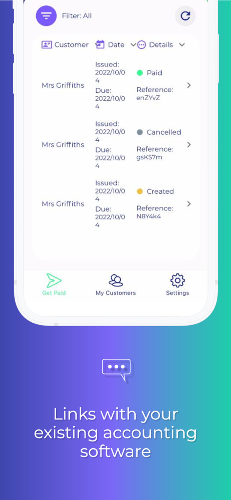 Go Get Paid app screen showing customer payment statuses and accounting software integration