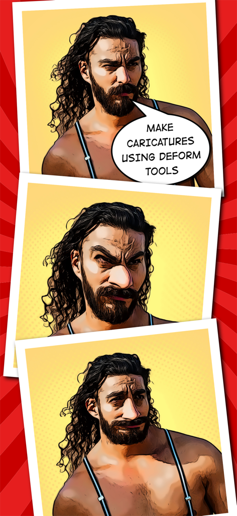 Toonita: Cartoon & Comic Maker - A visual demonstration of a man being transformed into a comic style caricature using deform tools in the Toonita app