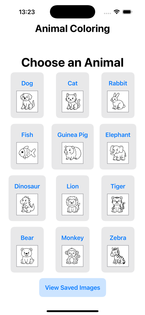 Animal Coloring - Una pantalla de menú en la aplicación Animal Coloring mostrando una cuadrícula de animales para elegir, incluyendo un perro, gato y elefante