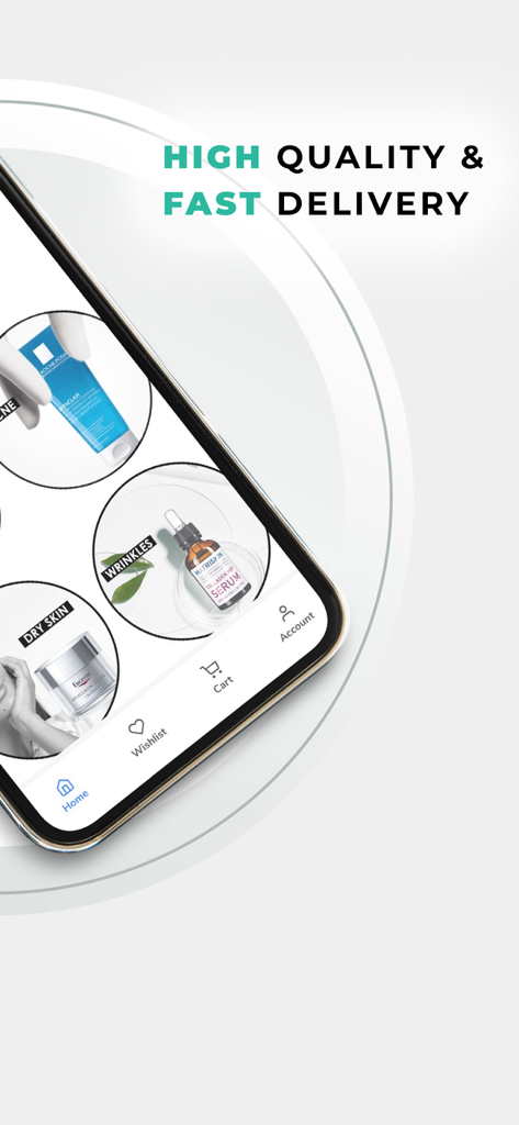 Sohati Care - Sohati Careモバイルアプリインターフェースは、乾燥肌やしわ向けのダーモコスメ製品と迅速な配送の約束を表示しています。