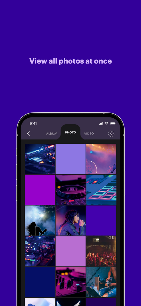 Smart Music Cardアプリの写真ギャラリーグリッドに、高解像度のアーティスト画像が表示されています。