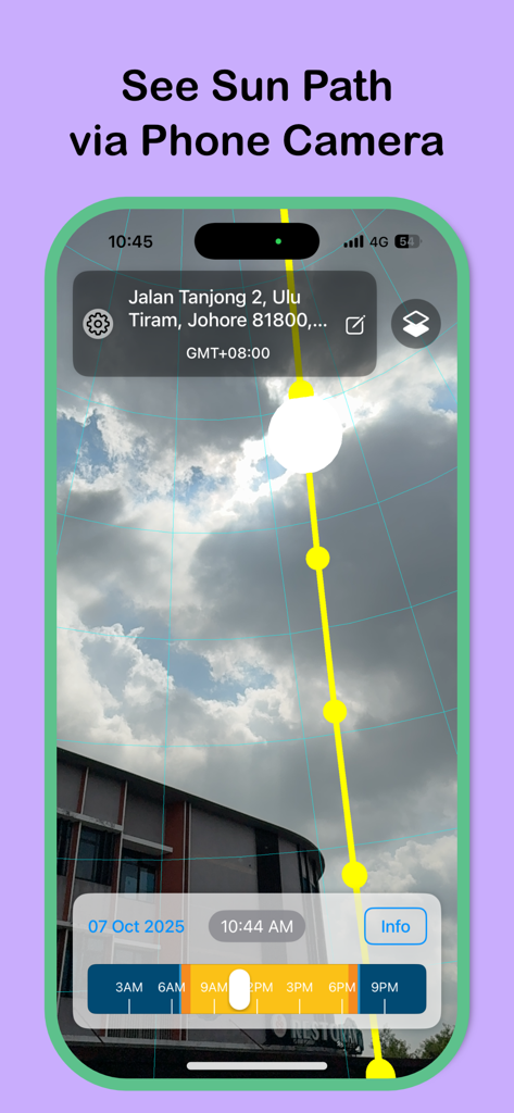 SolarApp augmented reality sun path overlay showing sun trajectory on a live phone camera view