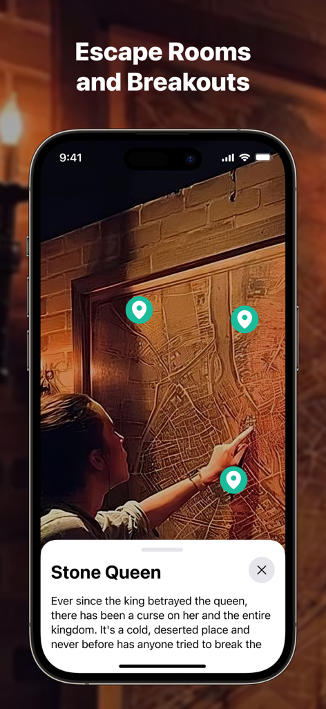 ThingLink AR Viewer - Smartphone mostrando un mapa interactivo de sala de escape con puntos de interés de RA en ThingLink AR Viewer