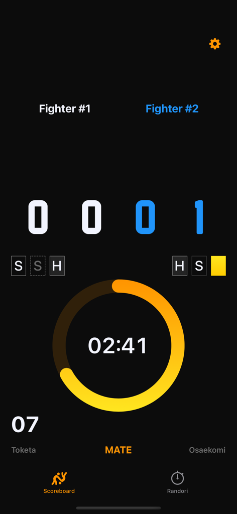 Judo Shiai app interface showing a competition scoreboard with timer and scores