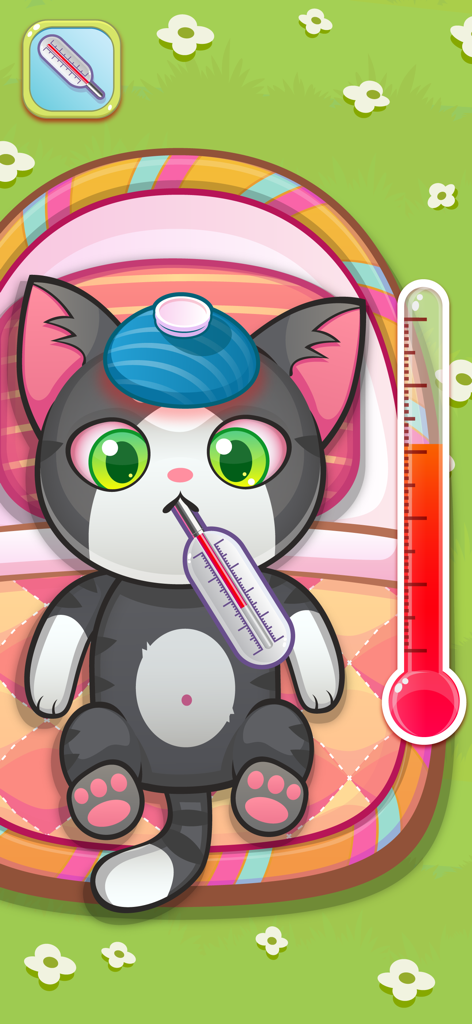 Doctor Pets - Animal Vet Games - Un chat de dessin animé, fiévreux, est soigné avec un thermomètre et une poche de glace.