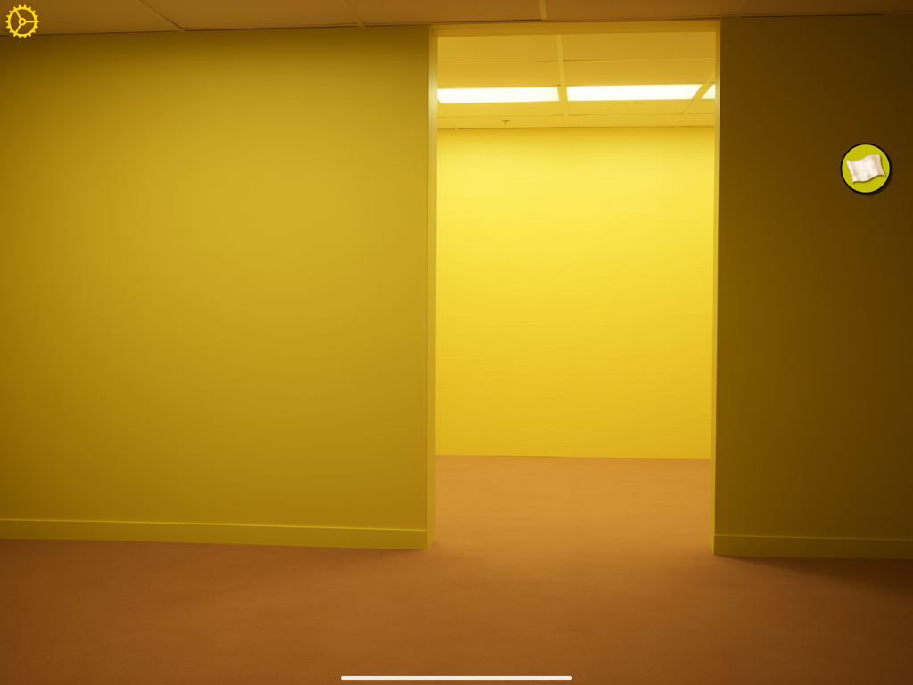 The Backrooms - Sala amarela vazia com iluminação fluorescente e estética de espaço liminar no jogo The Backrooms