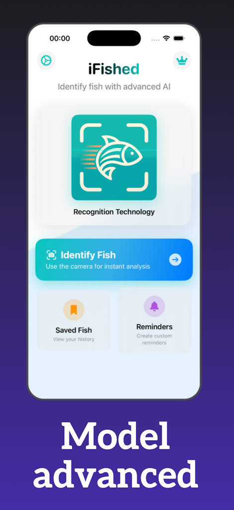 iFished: Fish Verify - Écran d'accueil de l'application mobile iFished montrant l'identification IA des poissons et les outils de planification de sortie de pêche