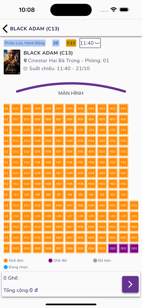 Seat selection screen in the Cinestar app showing theater layout and available seats for a movie booking