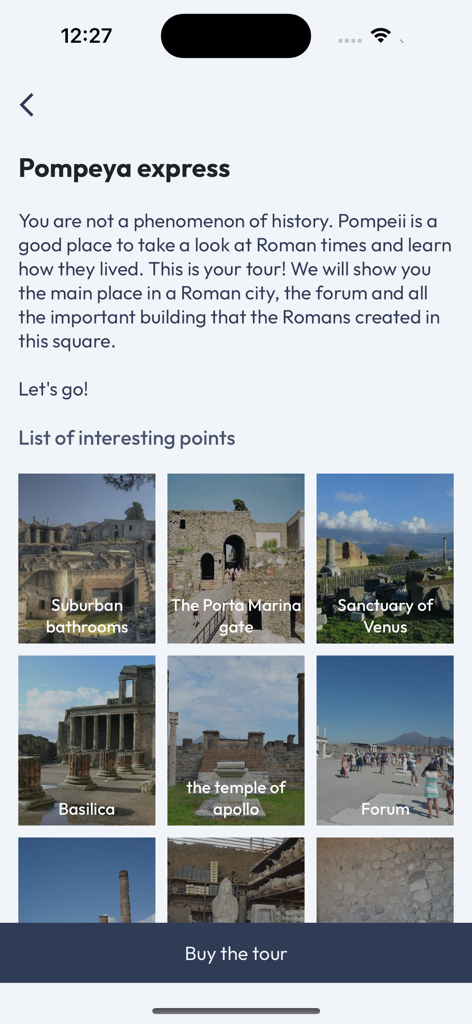 Pantalla del tour express de Pompeya que muestra una lista de puntos de interés históricos con fotos