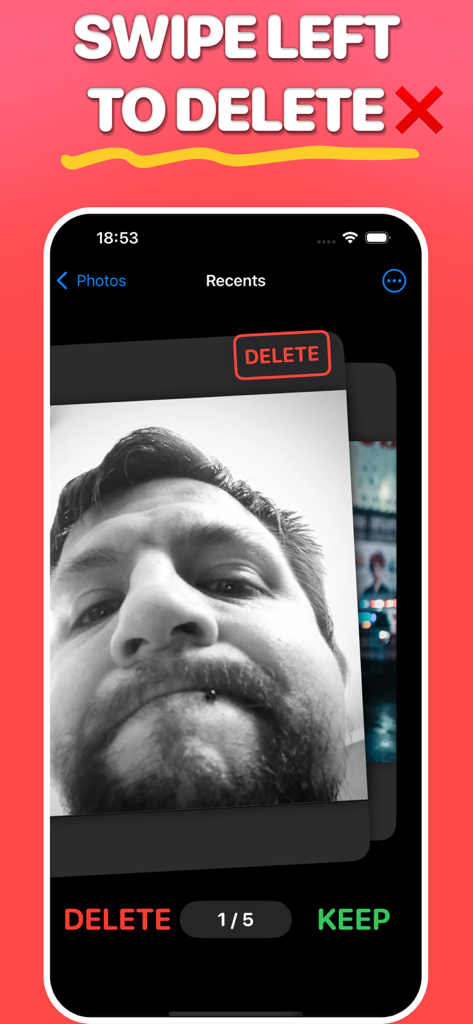 Clean out camera roll-SwipeRol - A mobile app interface showing a swipe left gesture to delete a black and white photo from a smartphone gallery
