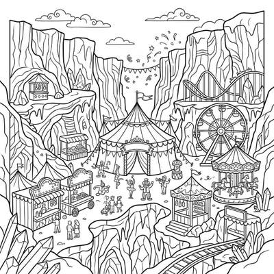 Journey to a fantastical world where a bustling carnival thrives within the majestic confines of glacial canyons. This unique coloring page invites you to bring an icy, festive spectacle to life with your favorite hues.