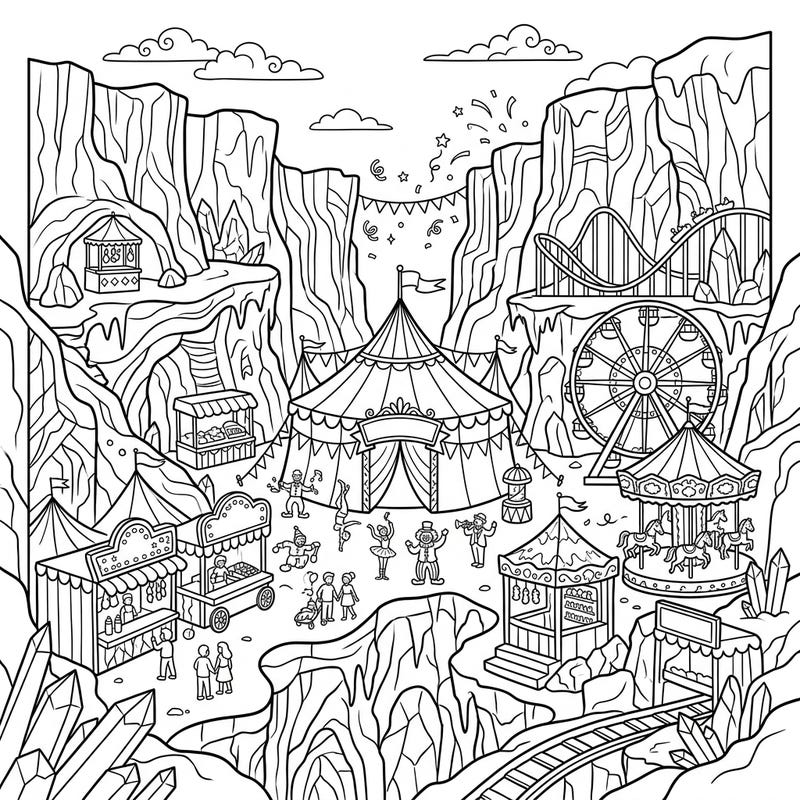 Journey to a fantastical world where a bustling carnival thrives within the majestic confines of glacial canyons. This unique coloring page invites you to bring an icy, festive spectacle to life with your favorite hues.