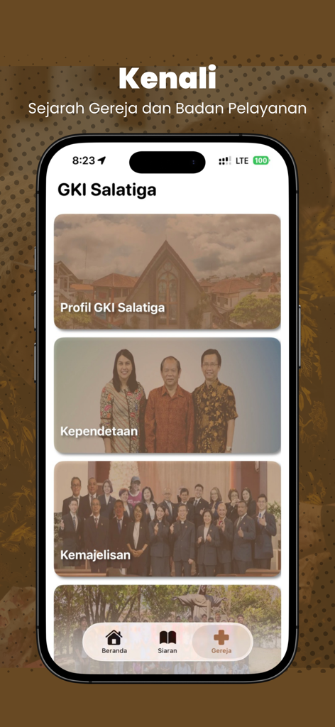 GKI Salatiga Plus app interface showing sections for Church Profile Ministry and Council