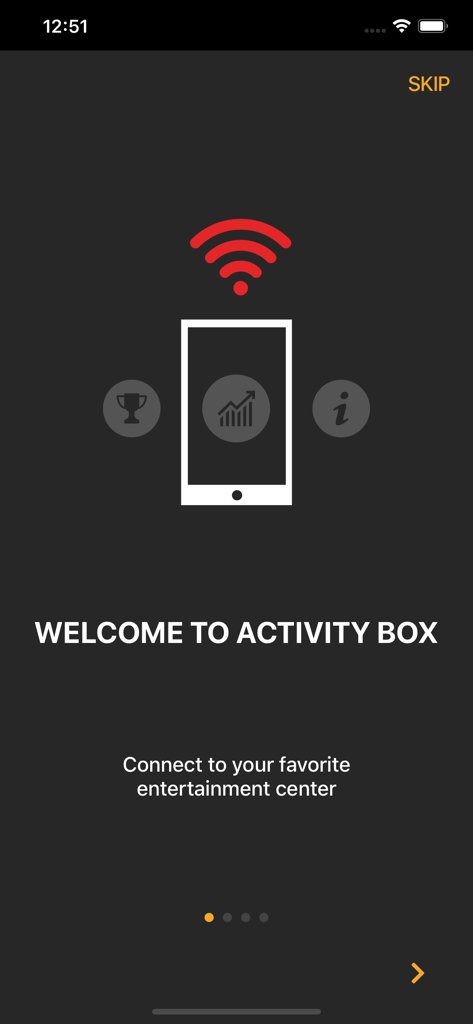 Tela de boas-vindas do aplicativo Activity Box com um ícone de smartphone e um convite para se conectar a centros de entretenimento