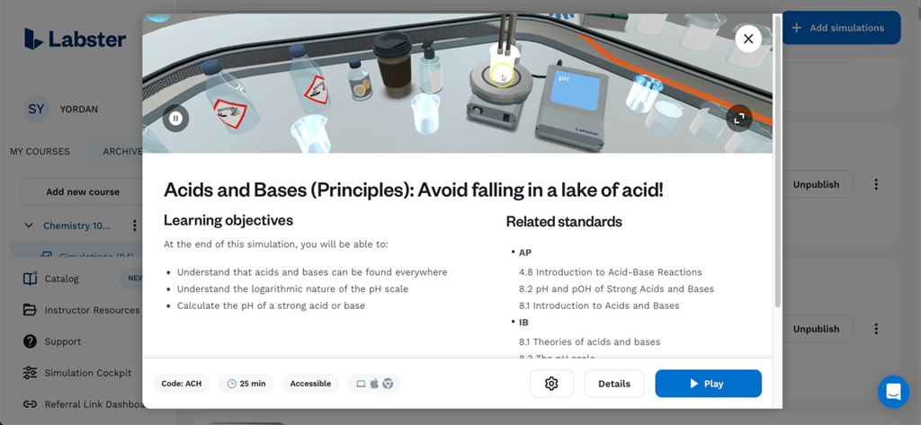 Labster app interface showing learning objectives and a 3D preview for an Acids and Bases virtual lab simulation.