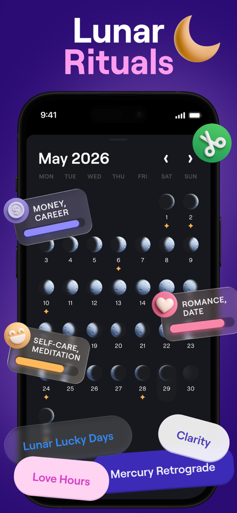 Moonly app interface displaying lunar calendar with rituals for career romance and self care