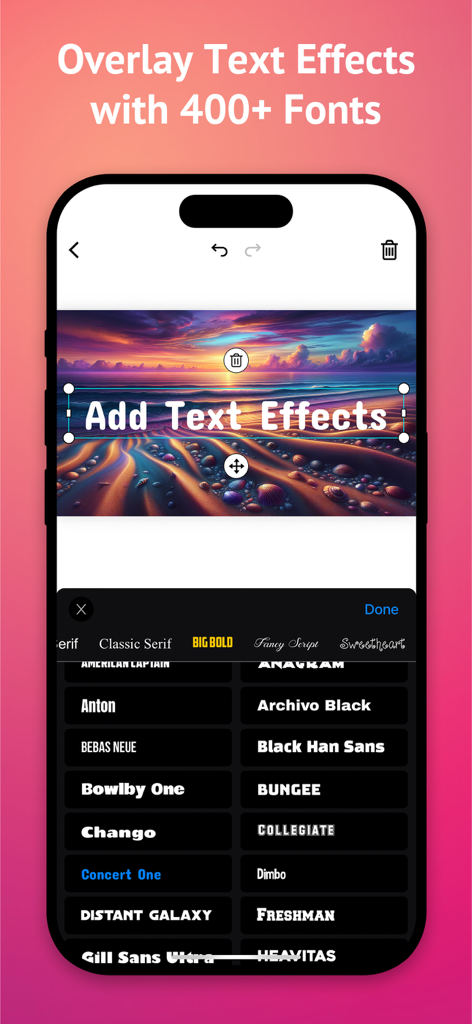 AI Image Maker Pro: Fast & Fun - Mobile app interface showing text editing tools and a variety of font styles over an AI generated image.