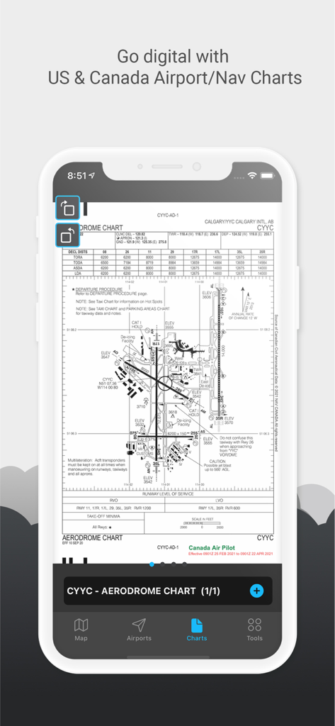 Noisy Goose - A digital aerodrome chart for Calgary International Airport displayed on the Noisy Goose mobile app