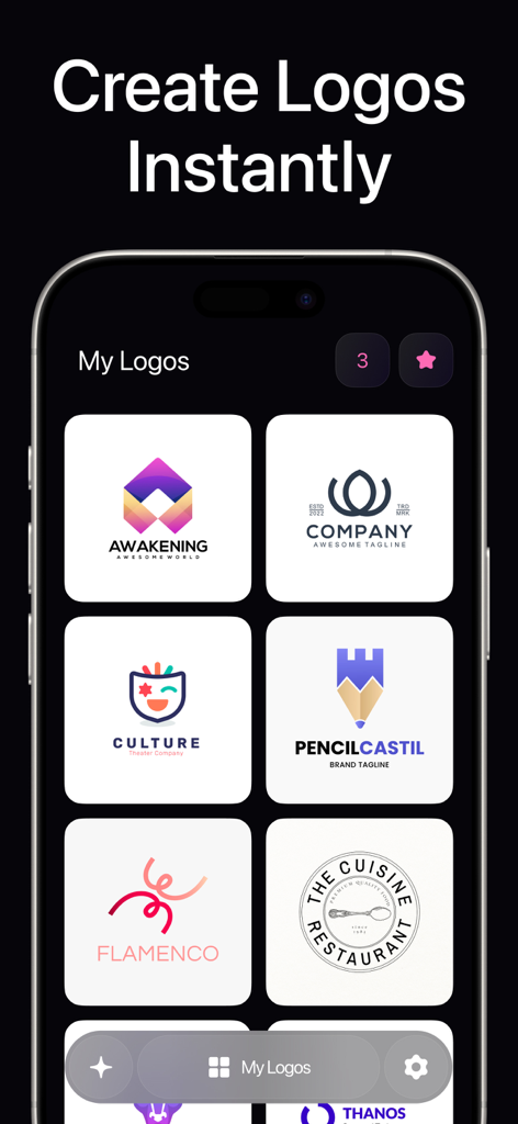 AI Logo - Generator & Maker - An iPhone screen displaying a gallery of diverse AI-generated logos in the My Logos section.