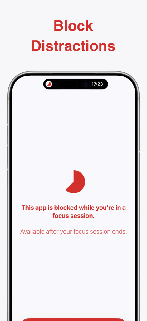 Ultimate Focus - Visual Timer - Screenshot der Ultimate Focus App, der einen Bildschirm anzeigt, der Ablenkungen während einer Fokus-Sitzung mit einem roten Mond-Symbol blockiert
