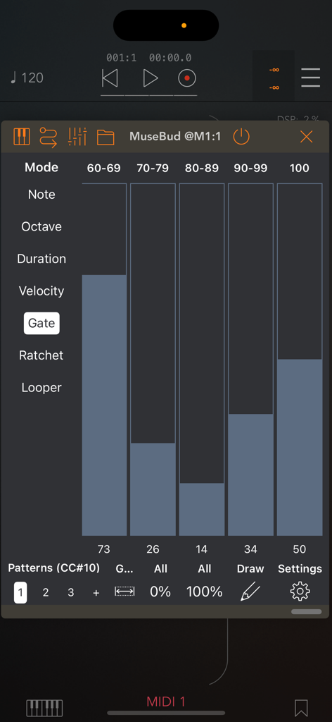 MuseBud - AUv3 MIDI Generator - Interface of the MuseBud app showing probability faders for gate length in MIDI generation.