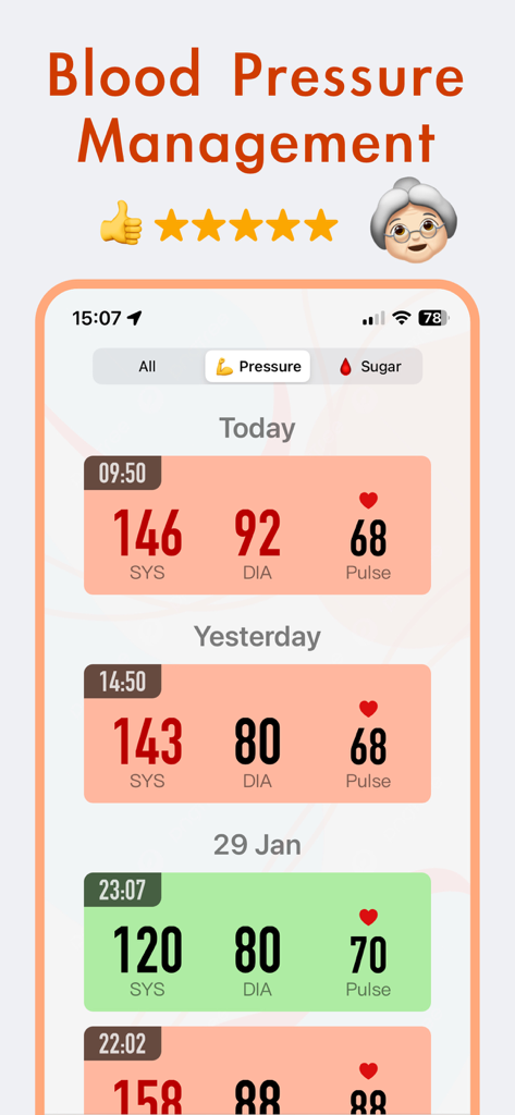 KeepBP app interface displaying historical blood pressure and pulse logs with color coded categories