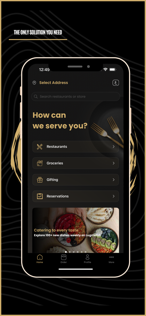 Lugmety app home screen displaying restaurant grocery and reservation options
