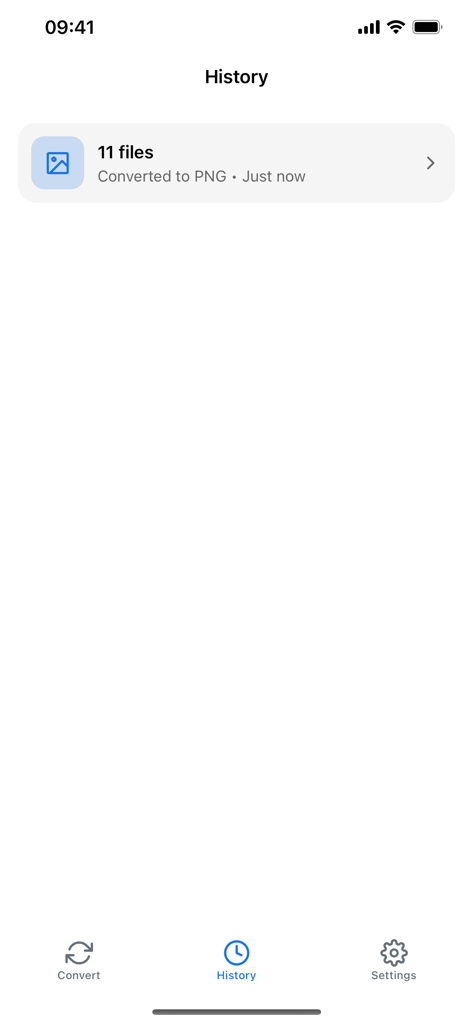 Image Format Converter - Imogo - Imogo app history screen showing a record of eleven files converted to PNG