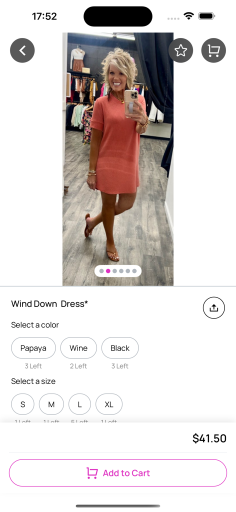 Benny's - Product details for the Wind Down Dress in the Bennys boutique shopping app showing size and color options