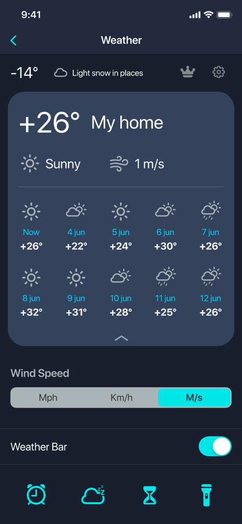 Weather forecast interface in the alarm clock app showing temperature and daily outlook