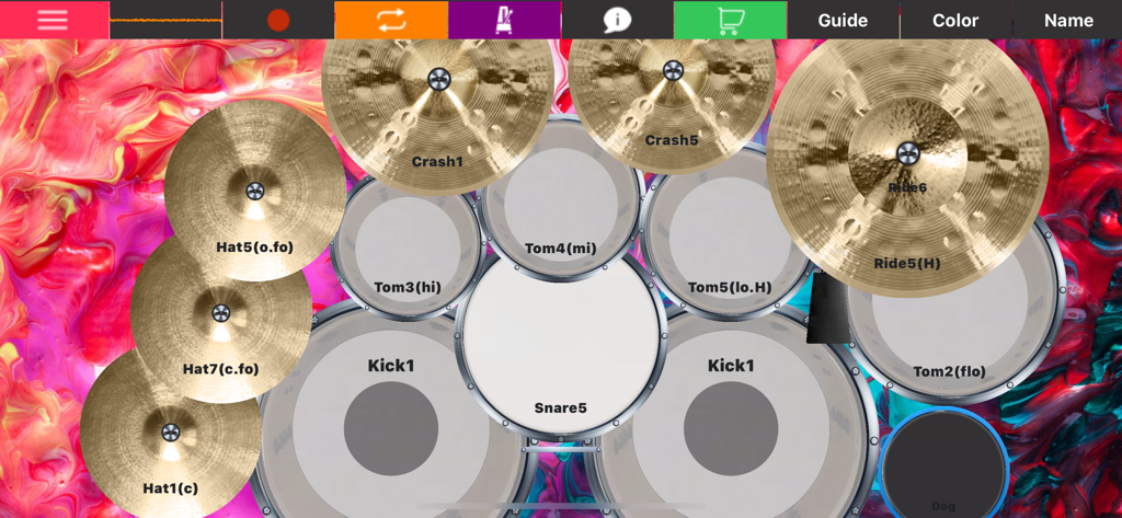 Digitales Schlagzeug-Interface mit beschrifteten Pads und Becken auf einem lebendigen Hintergrund