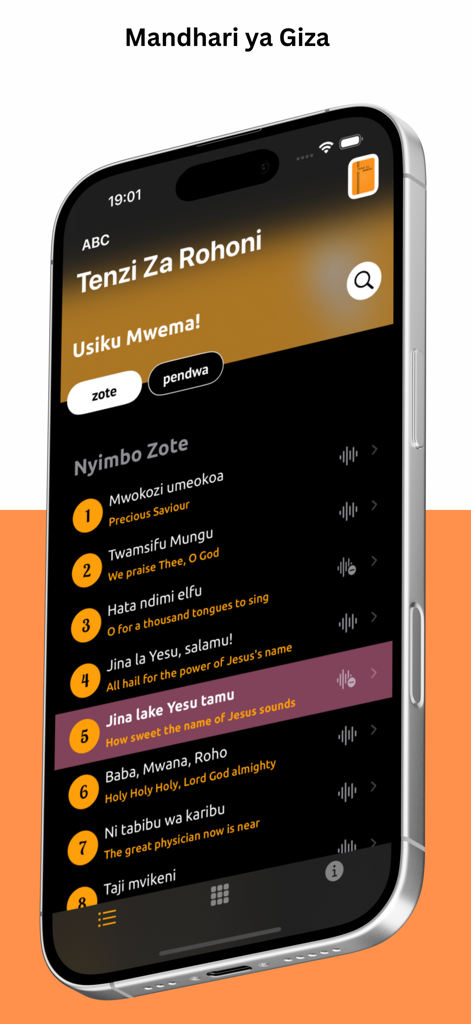 Tenzi Za Rohoni - Tenzi Za Rohoni app interface showing a list of Swahili hymns in dark mode