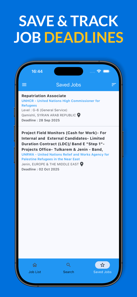 A mobile screen showing saved UN and NGO job listings with upcoming application deadlines
