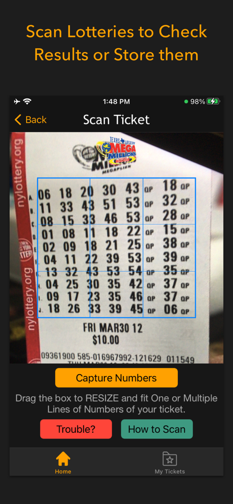A mobile app screen showing a physical lottery ticket being scanned with a digital grid overlay to capture winning numbers.