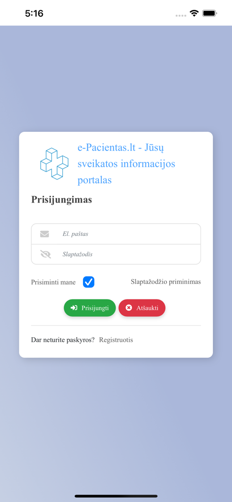 ePacientas - The login interface for the ePacientas medical app with email and password input fields.