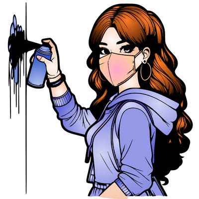 realistic girl with mask spray painting a wall