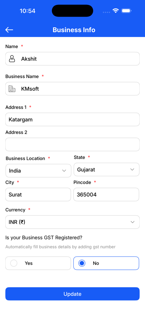 Instant Invoice Generator - A mobile screen from the Instant Invoice Generator app showing the business information setup page with fields for name, address, location, and currency.