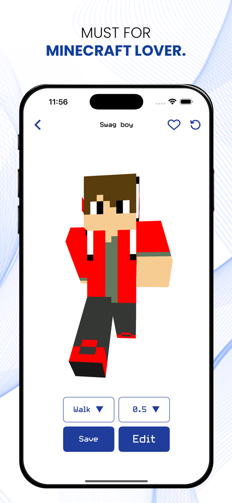 Gamer Skins for Minecraft ! - Interface of Gamer Skins for Minecraft app displaying a custom red hoodie character skin named Swag boy