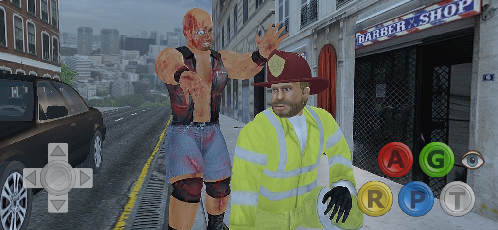 Infinite Lives - Un personaje con cicatrices parado detrás de un bombero en una calle de la ciudad en el juego Infinite Lives.