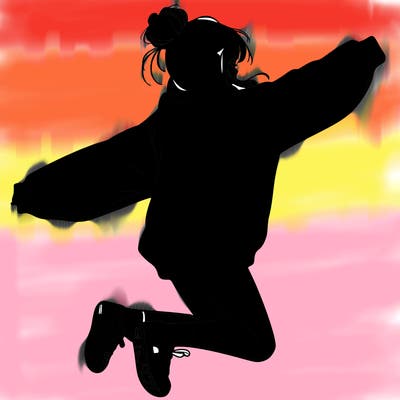 realistic girl jumping with a bun and oversized sweatshirt