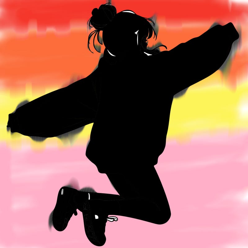 realistic girl jumping with a bun and oversized sweatshirt