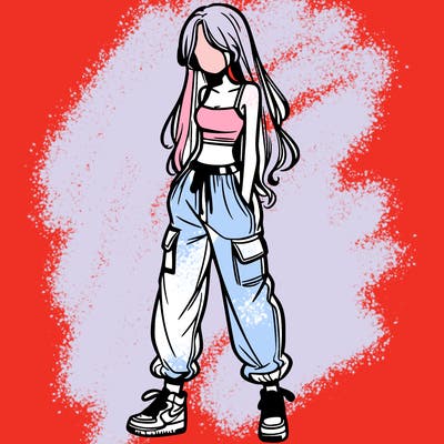 girl in baggy pants crop top and long hair