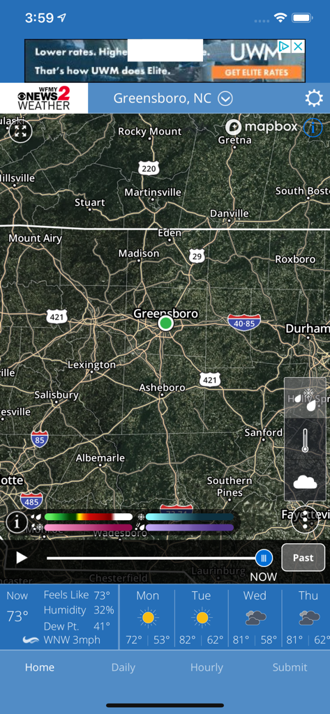 WFMY Radar app interface displaying a local weather map of Greensboro North Carolina with a four day forecast