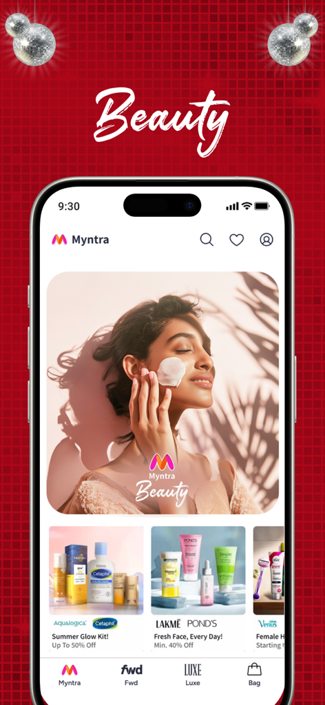 Myntra - Fashion Shopping App - Interfaz de la aplicación Myntra mostrando productos de belleza y cuidado de la piel con un banner promocional
