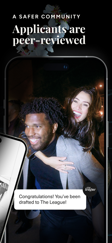 The League: Intelligent Dating - Promotion for The League dating app featuring peer reviewed applicants and a membership notification.