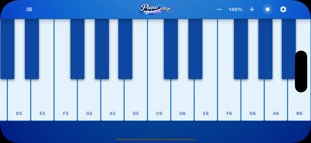 Piano 2026 – Learn piano fast - Une interface de clavier de piano virtuel avec des touches bleues et blanches étiquetées avec des notes de musique dans l'application Piano 2026.