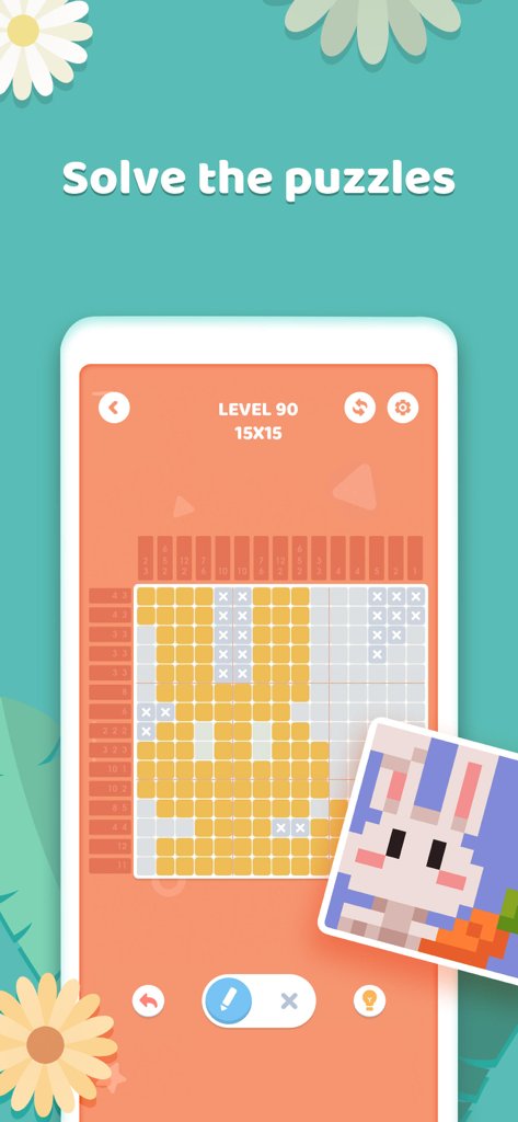 Una cuadrícula de rompecabezas Nonogram de 15x15 en la pantalla de un móvil revelando un lindo conejo de pixel art
