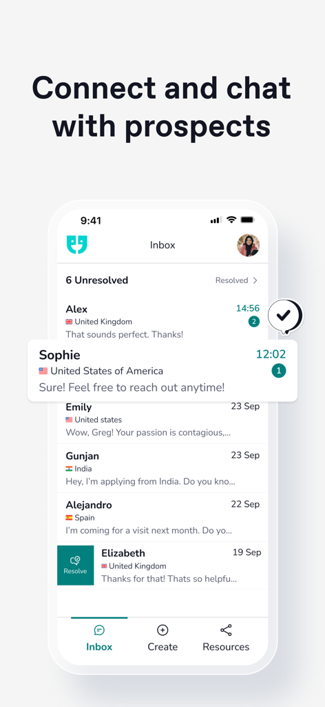 Unibuddy Ambassador - Inbox screen of the Unibuddy Ambassador app showing a list of chat conversations with prospective students.