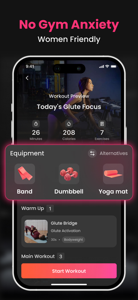 Gym Workout Planner | HerGym - HerGym mobile app screen showing a glute workout preview with required equipment icons like bands and dumbbells