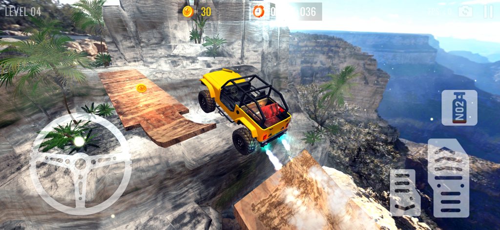Mountain Climb 4x4 Car Driving - A yellow 4x4 vehicle jumping between wooden ramps over a deep canyon in a mountain driving simulation game.